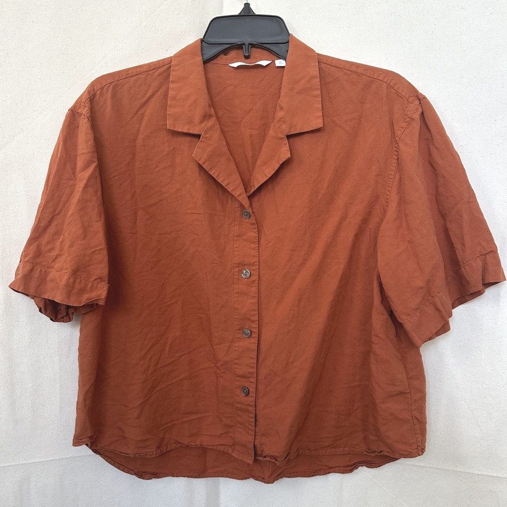 Uniqlo Cottage Lagenlook Linen Blend Boxy Button Up Shirt Rust Orange Womens M